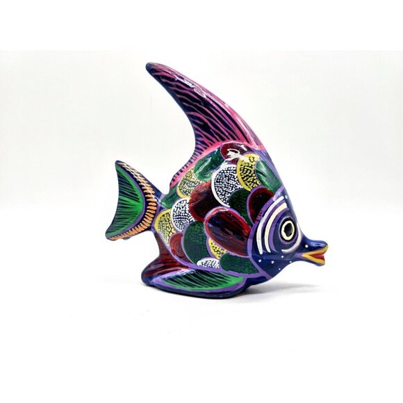Hand Painted Terracotta Tropical Angel Fish Folk Art Mexican - Picture 3 of 11